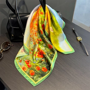 Impressionist oil painting style 100% mulberry silk square scarf on black handbag