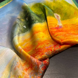 Close-up of printed 100% mulberry silk scarf with vibrant impressionist oil painting texture