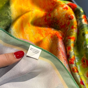 53cm square scarf made of 100% mulberry silk with vibrant oil painting floral patterns