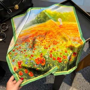 100% mulberry silk square scarf featuring Monet style poppy oil painting floral print