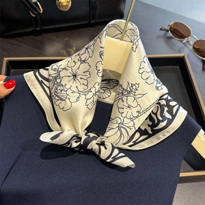 Vintage butterfly print silk scarf in off-white silk with hand-drawn floral patterns