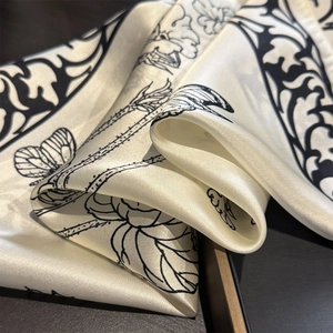 Elegant butterfly print silk scarf in creamy white with vintage baroque floral patterns
