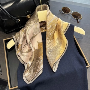 Vintage silk scarf for women featuring elegant Oriental architectural prints in champagne gold