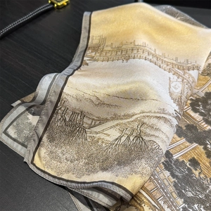 Vintage silk scarf for women featuring traditional landscape print in gold and grey silk fabric