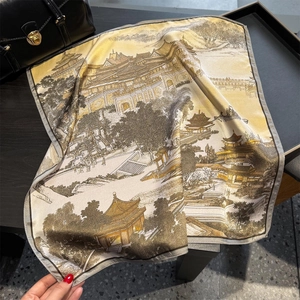 Vintage silk neck scarf with traditional Chinese landscape print and gray hand-rolled edges