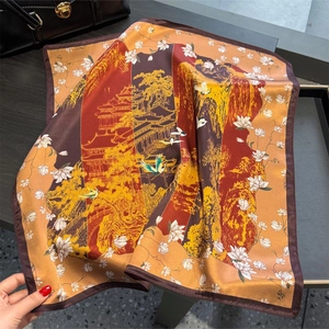 Silk square scarf with traditional Chinese pavilion and crane prints in warm autumn colors