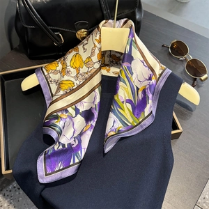 Elegant mulberry silk square scarf with purple iris flower prints and blue borders