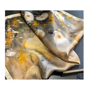 Detailed view of artistic oil painting floral print on premium 100% mulberry silk scarf