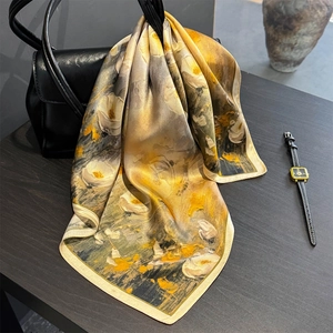 Elegant 100% mulberry silk square scarf with oil painting floral print on leather bag