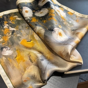 Elegant 100% mulberry silk square scarf with oil painting flower pattern and satin sheen