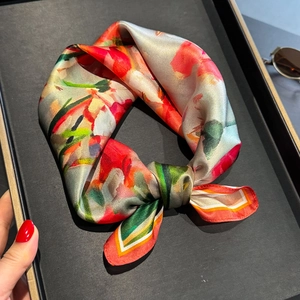 Pure Mulberry Satin Square Scarf Floral Print Fashion Neck Scarf Lightweight Elegant Head Wrap For Women