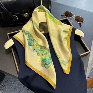 Artistic oil painting style 100% mulberry silk square scarf with nature landscape