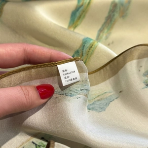 53x53cm mulberry silk square scarf with elegant landscape print in beige and green