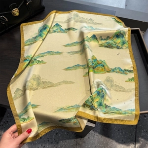 100% Mulberry silk scarf featuring a traditional Chinese landscape painting and yellow border