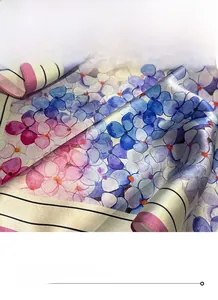 Macro detail of fine stitched edges and premium hydrangea print silk scarf texture