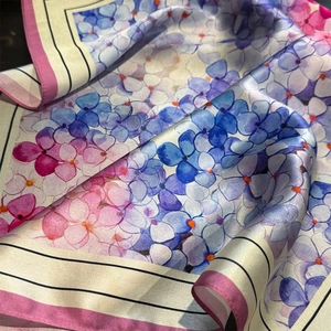 Luxurious 100% mulberry silk square scarf with colorful hydrangea floral print