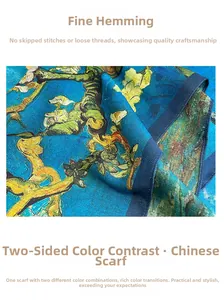 Detail of double-sided twill square scarf showing intricate oil painting print and fine stitching