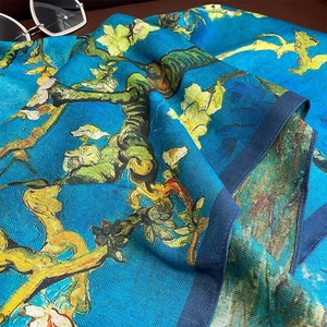 Van Gogh Almond Blossom print scarf made of premium twill fabric in turquoise blue