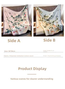 Detail view of 90x90cm floral scarf showing dual-sided design in pink and blue tones