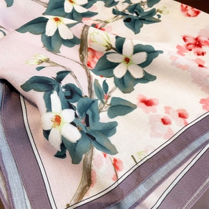 Vintage floral printed silk scarf with elegant jasmine pattern and twill texture