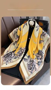 Close-up of floral print shawl showing silk-like texture and elegant black rose details