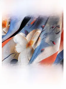 Detailed view of the double-sided floral scarf featuring fine stitching and silk-like texture