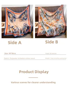 Close-up of a 90x90cm double-sided floral scarf in blue and orange polyester