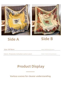 Detailed view of 90x90cm double-sided floral scarf with yellow and beige color patterns