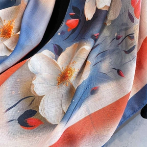 Floral print large square scarf with gray-blue and orange hues and herringbone weave