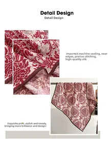 Gros plan détaillé d'un foulard en soie avec imprimé damassé rouge et coutures à la machine