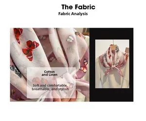 Detail of breathable cotton linen scarf with elegant butterfly print and soft texture