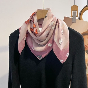 Pink gradient silk scarf with butterfly print and twill patterns for women's fashion