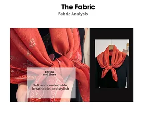 Detailed macro view of breathable paisley cotton-linen fabric and red scarf draping