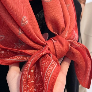 Elegant red paisley print scarf for women with textured herringbone weave and silk feel