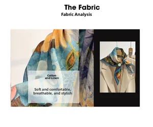 Detailed macro view of floral cotton linen fabric with vintage blue and orange prints