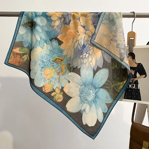 Elegant oil painting floral square silk scarf with large vintage blooms and blue hem