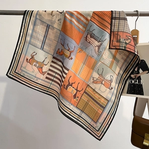 Square cotton-linen feel scarf featuring horse print and geometric patchwork design