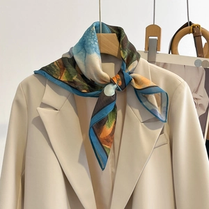 Elegant Floral Print Square Scarf Oil Painting Style Polyester Lightweight Neck Scarf Head Scarf For Women Office Wear