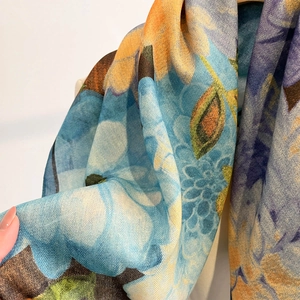 Artistic sunflower oil painting square silk scarf with twill texture for women