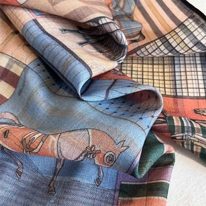 Elegant horse print square silk scarf with geometric patterns in blue and orange