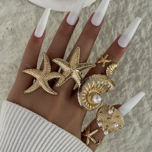 Starfish Shell Conch Open Rings Alloy With Imitation Artificial Pearl Ocean Style Geometric Exaggerated Jewelry For Women