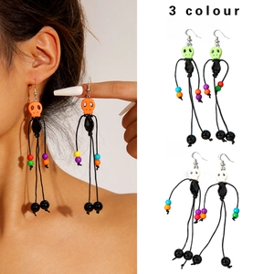 Halloween Skull Tassel Drop Earrings With Resin Beads And Polyester Cord Long Spooky Novelty Jewelry For Women