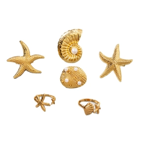 6pcs set of golden starfish and shell open rings with elegant white pearl accents