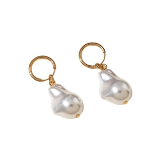 Elegant gold hoop earrings with natural baroque pearls on a clean white background