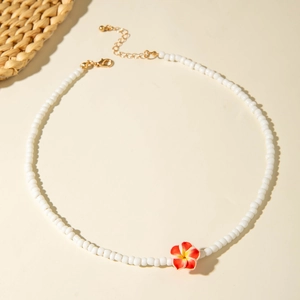 Bohemian white beaded necklace with red Plumeria flower pendant for summer beach wear