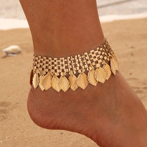 Alloy Gold Bohemian Leaf Coin Artificial Pearl Charm Anklet Layered Vintage Beach Foot Jewelry For Women Statement Adjustable