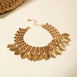 Bohemian gold layered leaf fringe anklet with textured metal charms and lobster clasp