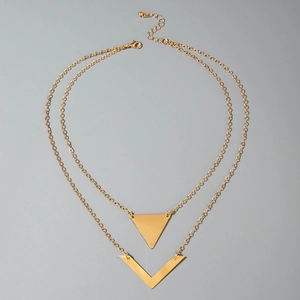 Minimalist double layer gold geometric necklace with triangle and V-shaped pendants