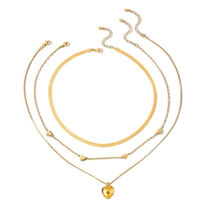 Three-layer gold necklace set featuring flat snake chain and heart pendants on white background