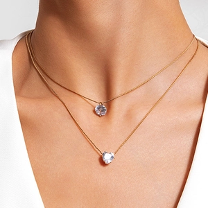 Layered Necklace Gold Plated Copper Cubic Zirconia Heart Round Pendant Clavicle Chain Minimalist Jewelry For Women